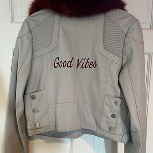 Samantha Sipos Gray Leather moto Jacket with Maroon faux Fur Collar size S